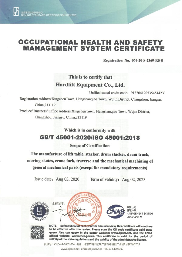 Certificate Hardlift Equipment Co., Ltd Material Handling Equipment